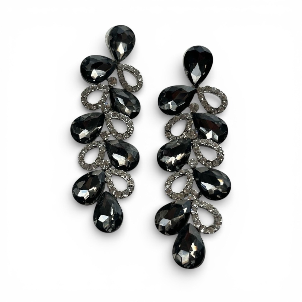 Black Teardrop Rhinestone Dangle Earrings Statement Chandelier Glam 3" Bold Chic